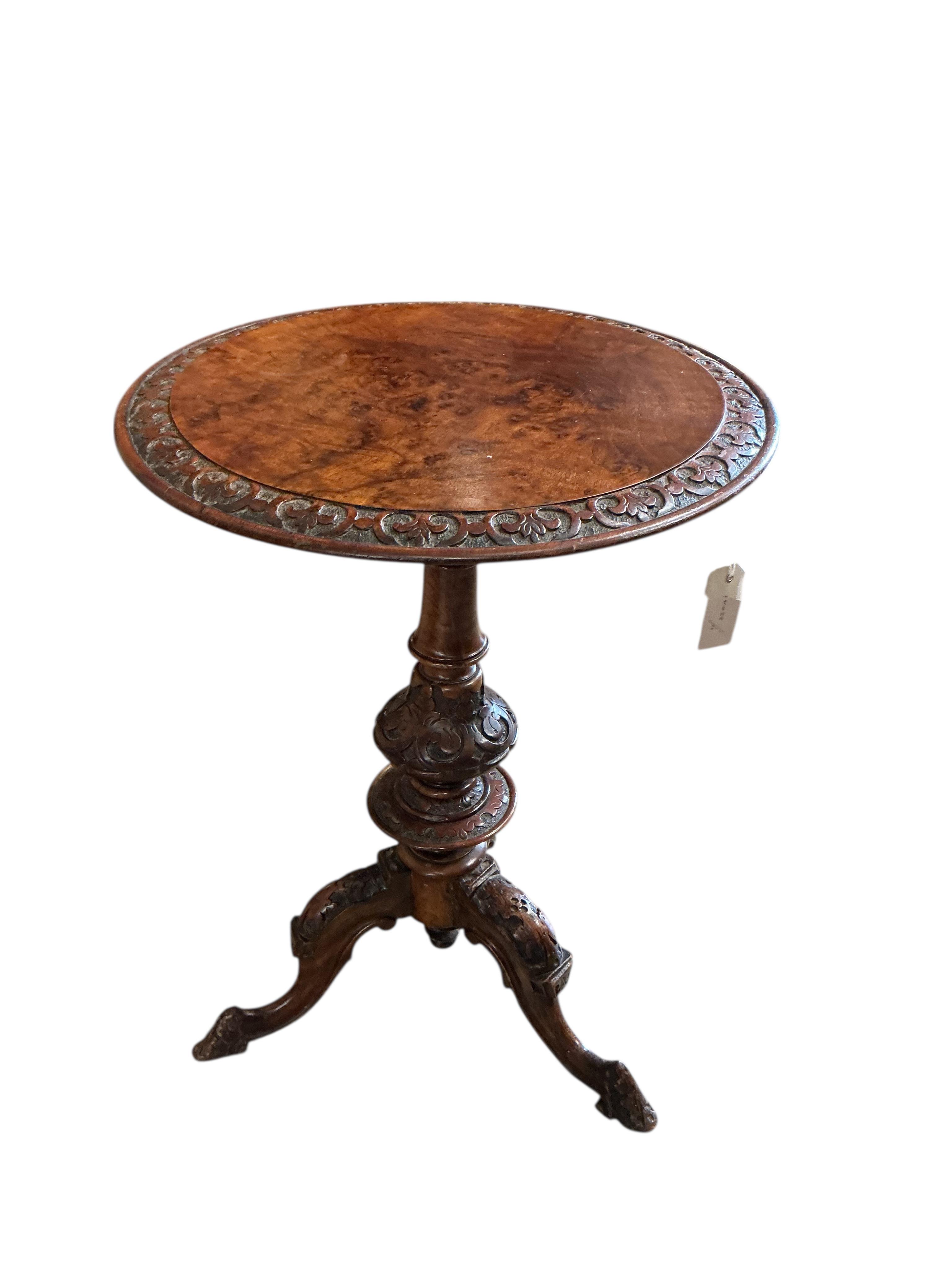 A Victorian burr walnut tripod wine table, diameter 50cm, height 69cm